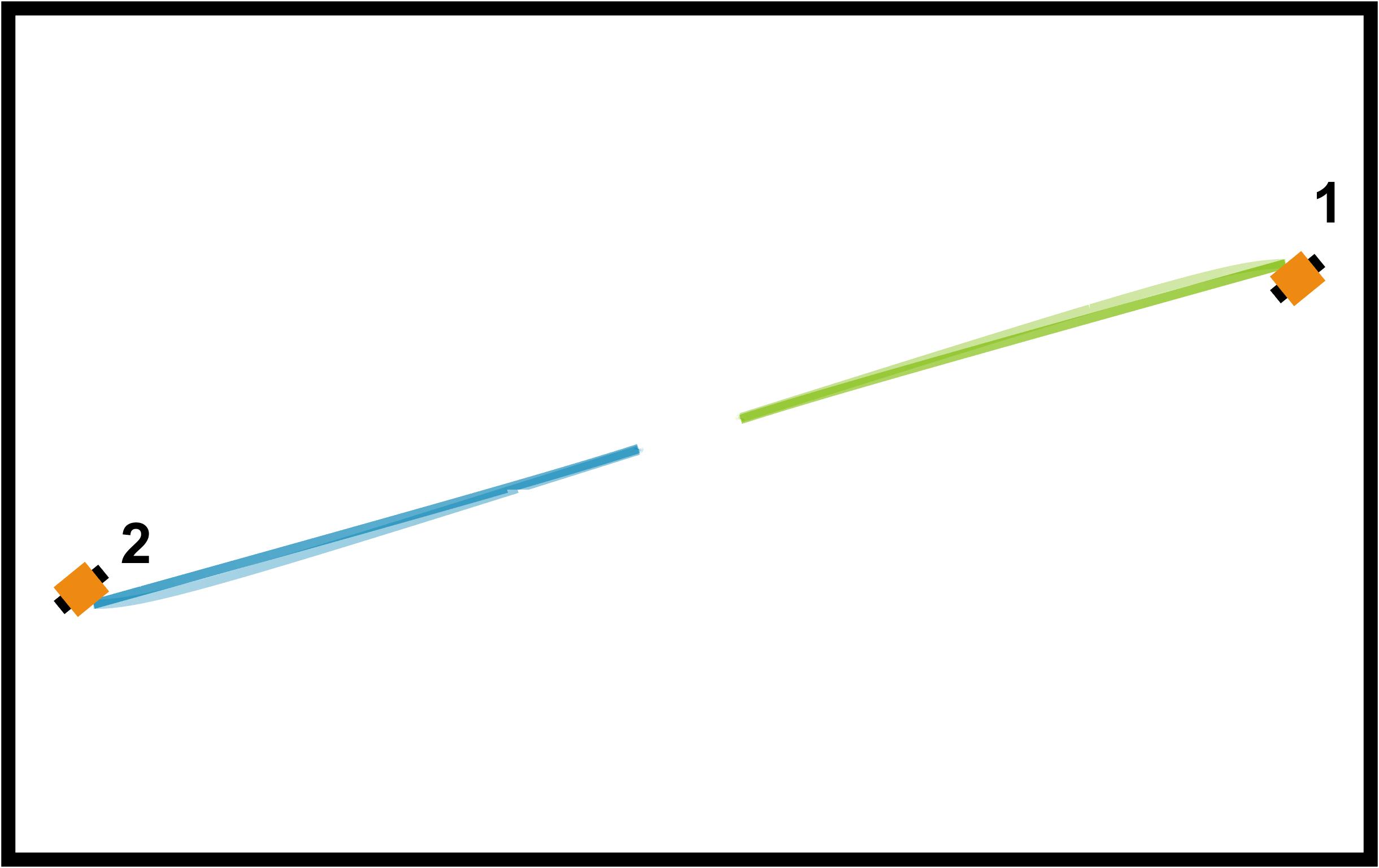 Two-robot snapshot at t equals 15 seconds under Adaptive PT-CBF after reconnection has been achieved.
